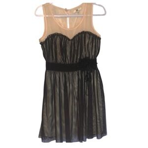 Ya Los Angeles Mini Dress Black Tule Over Nude Slip Flower Detail At Waist Large